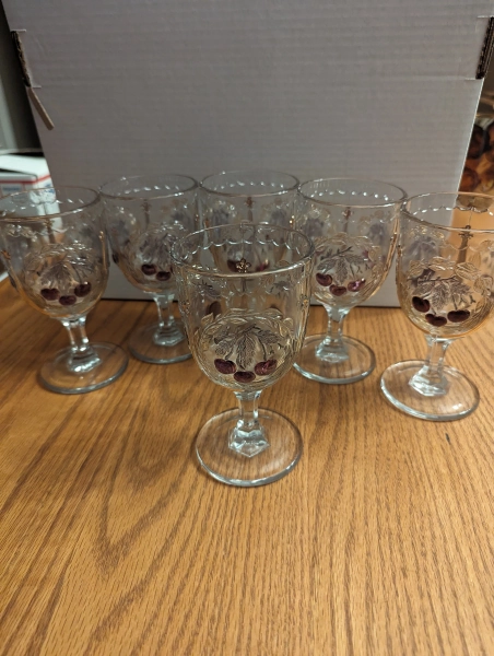 A set of six (6) L G Wright Cherry Wreath Stemmed Goblet with red gold and green. Glass 706