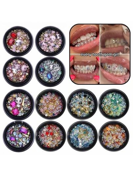 53pcs Flashing Geometric Pattern Tooth Jewelry Set, Y2K Cute Colorful Tooth Fashion Decor, DIY Niche Tooth Accessory Starter Kit, Suitable For Women Daily, Party, Holiday (Excluding Glue)