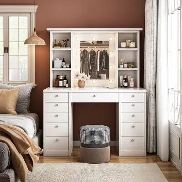 Okak Vanity Desk with Mirror, 11 Drawers, Makeup Table, Vanity Set, 3 Color Mode