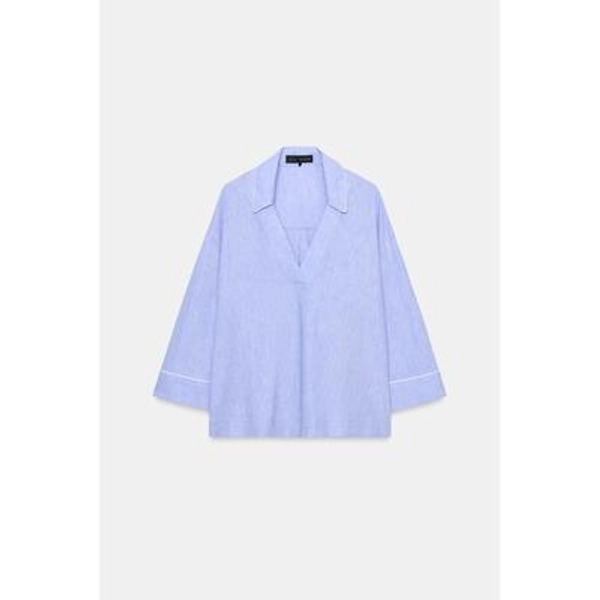 Zara - Linen Blouse With Contrast Piping - Light Blue - Xs - Woman