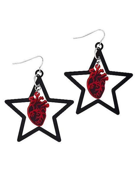Black Anatomical Heart and Star Dangle Earrings