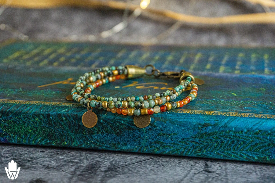 Indian Charm Multistrand Bracelet- Womens Bohemian Layered Bracelet- Boho Beaded Wrap Braclet Set- Carnelian And Green Gemstone Bracelet Set