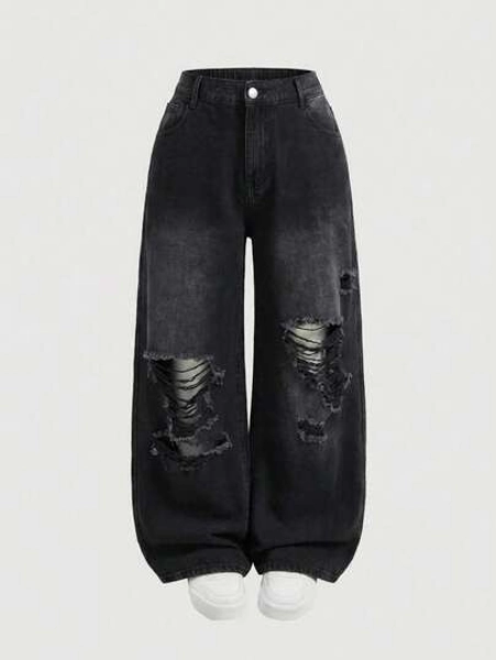 SHEIN MOD Plus Size Women Loose Fit Ripped Blue Wide Leg Jeans - Size 3XL