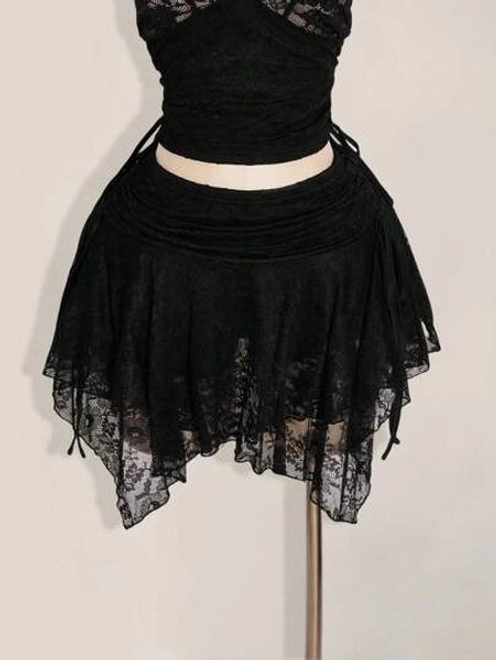 SHEIN ICON Plus Size Sexy Ruched Waist Lace Mesh Patchwork Asymmetric Hem Skirt Black Lace Skirt Gothic Skirt Asymmetrical Skirt Layered Skirt Black Skirt,Back To School
