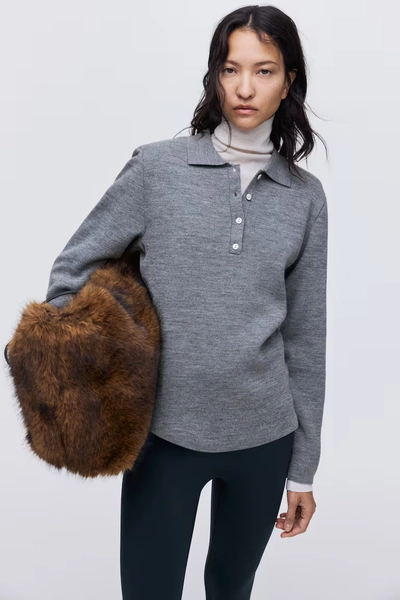 Shoulder-pad polo jumper - Grey marl