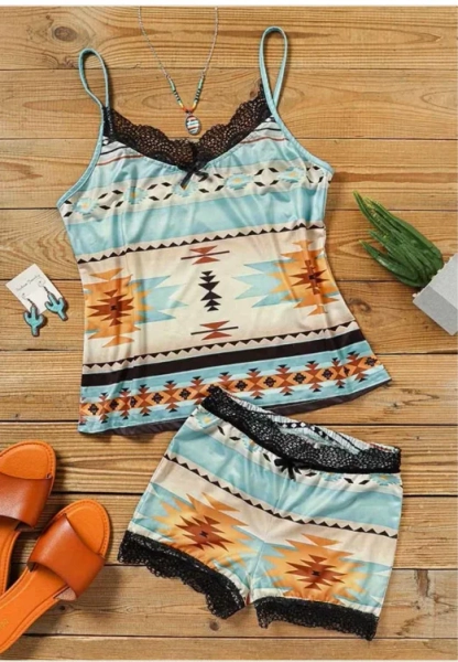 Aztec Geometric Lace Camisole And Shorts Pajamas Set
