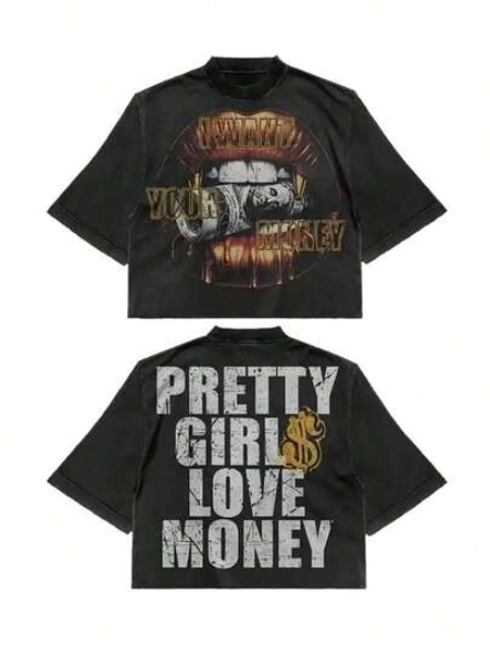 Fly "I Want Your Money" Hip-Hop Flow T-Shirt% Pure Cotton Double-Sided Printed T-Shirt, Suitable For Men And Women, The Best Gift For Summer Casual Short Sleeved T-Shirt-Premium Cotton Graphic Printed Round Neck T-Shirts-Unisex Loose - Fit Comfortable Vintage Street - Style Cotton T - Shirt Top