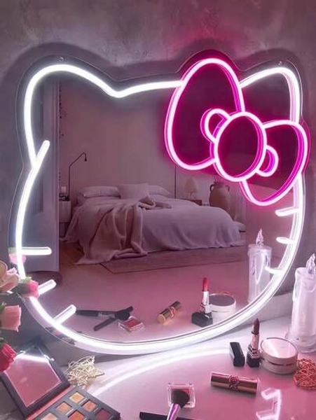 1pc Hello Kitty Cartoon Oval LED Neon Light Mirror, USB Powered Plastic Frame Wall Mirror, Dimmable Decorative Lighting For Bedroom, Cabinet, Living Room, Kids Room, Hallway - Cute Cartoon Hello Kitty Neon Light USB Powered Wall Mounted Vanity Mirror With Adjustable Illumination