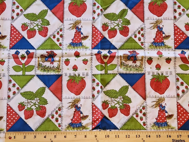 Vintage 1970's cheater quilt fabric strawberries patchwork 44' wide x 1 yard