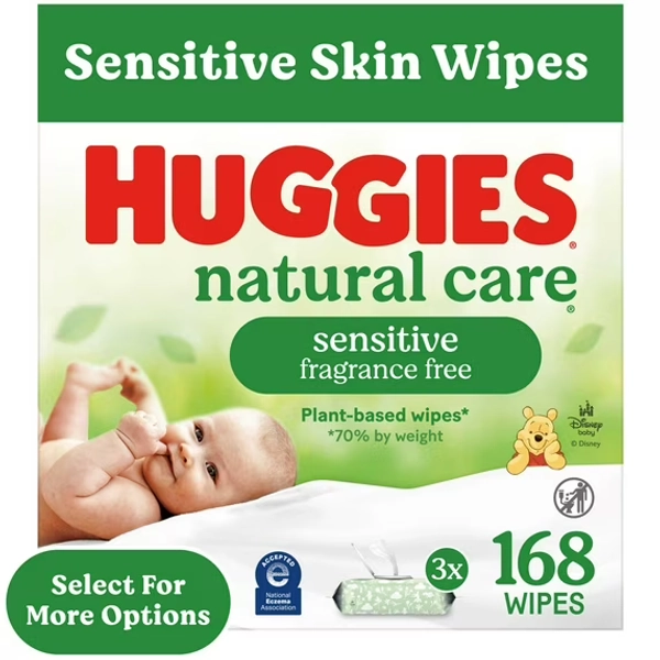 Huggies Natural Care Sensitive Baby Wipes, Unscented, 3 Flip-Top Packs, 168 Count