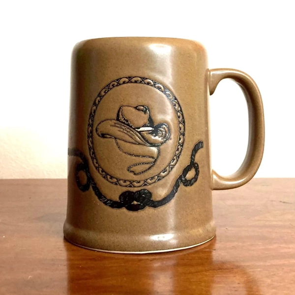 Vintage 1970 West Texas Art Pottery Mug, Cowboy Hat & Rope Design, old west beer stein, vintage rustic barware, Western dining kitchen decor