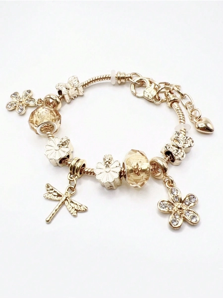 1pc Luxurious Shiny Gold Alloy Beaded & Rhinestone Flower & Dragonfly Shaped Pendant Necklace/Bracelet, Suitable For Ladies, Couples, Parties, Daily Wear, Jewelry Gift (Box Not Included)