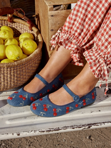 CHERRY EMBROIDERED MARY JANE FLATS For Daily Casual