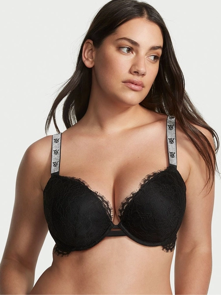 Black Monogram Push Up Shine Strap Lace Bra