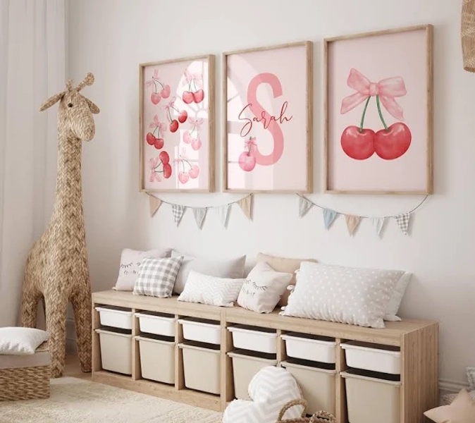 Personalized Set of 3 Cherry and Bow Wall Art