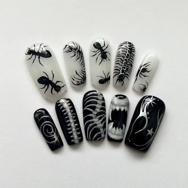24pcs Thriller Style False Nails With Halloween Ant Bugs Pattern Wearable Press On Nails Ballet Black Punk Nail Art Decoration - AliExpress 