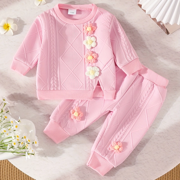 Conjunto elegante para bebé niña de sudadera con flores tridimensionales y pantalones de manga larga, ideal para exteriores, necesidades para recién nacidos y niños pequeños