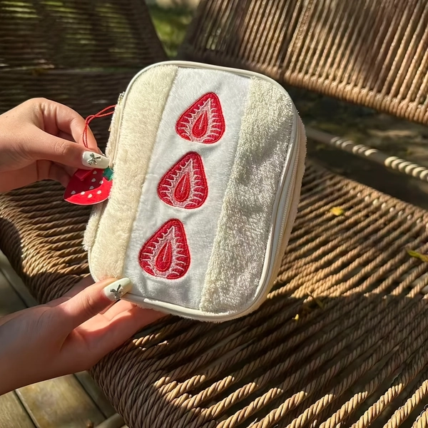 Cute Strawberry Plush Storage Pouch & Makeup Bag - Soft Nylon Suitable for Travel,, Lunchbox with Strawberry, Hand Washable / Pouch for Accessories