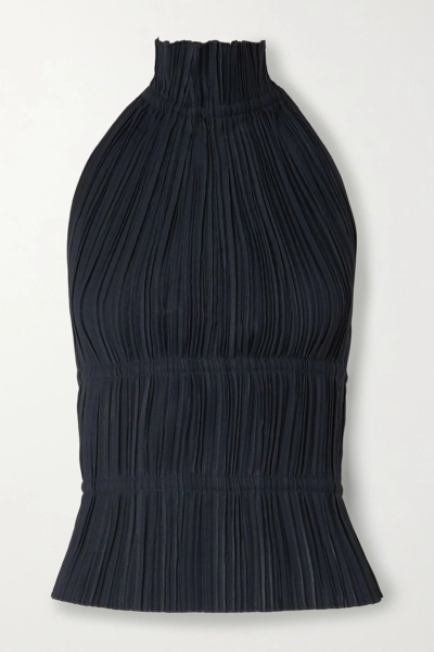Open-back Plissé-crepe Halterneck Top In Midnight Blue