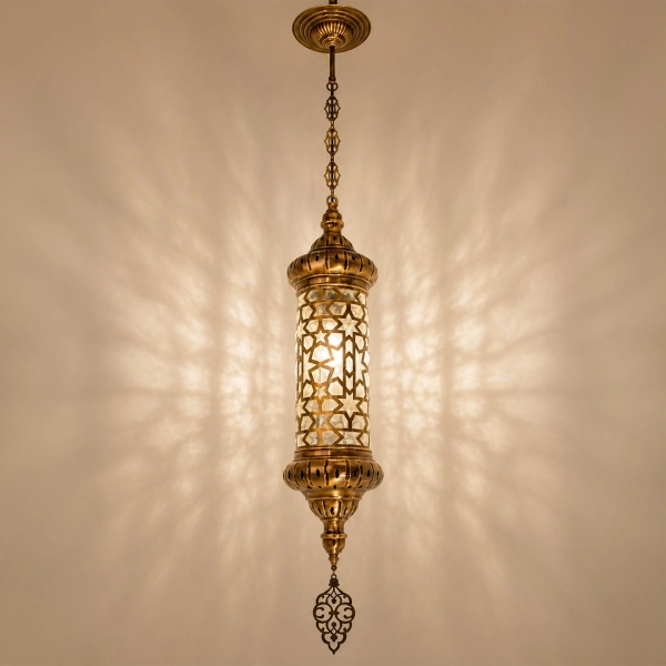 Antique Brass Cylinder Pendant Light, Geometric Star Cutout Hanging Lamp, Unique Blow Glass Lantern