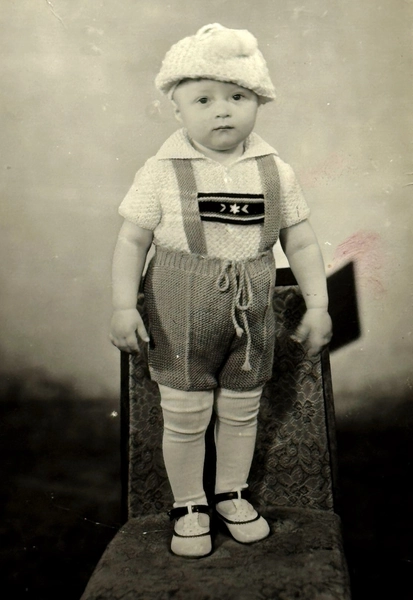 1970s Cute Chubby Boy Shorts Standing Chair USSR Soviet Vtg Snapshot Photo B&amp;W