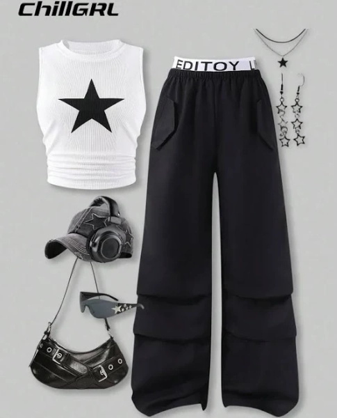 SHEIN Teen Girls Casual Star Print Camisole and Cargo Pants Set