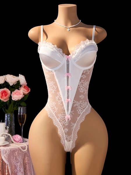ladies   lace bodysuit featuring white lace   - Temu