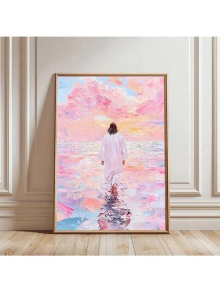 1pc Framed/Unframed Jesus Walking On Water Wall Art Poster Canvas Print Christian Minimalist Painting For Dorm,Apartment,Living Room,Modern Home Decoration