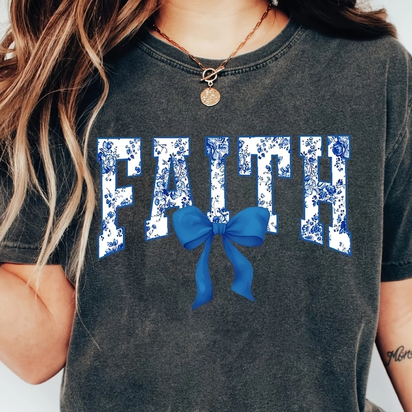Faith Toile Bow Shirt, Christian Shirt, Blue Ribbon Shirt, Inspirational Shirt, Religious Gift for Her
