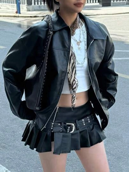 INAWLY Black Edgy Biker Casual Loose Long Sleeve Leather Jacket For Women, Autumn/Winter Fall Cloth For Women