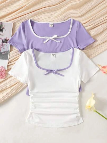 2pcs Tween Girl Casual Simple Comfortable Colorblock Bow Decor U-Neck Square Collar Cinched Sleeve Knit T-Shirt Set Girls Bow Tee Shirts Cute Tops Girls, School, Campus, College