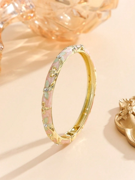 1pc Fashionable New Gold-Plated Floral Pattern Hollow Crystal Enamel Bracelet, Suitable For Girls And Women
