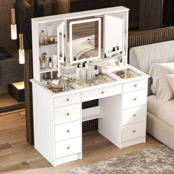 FUFU&GAGA White Makeup Vanity Desk 9 Drawers Wood Dressing Table With 3 Mirrors, Glass Top, Hidden Storage Shelves, LED Lighted