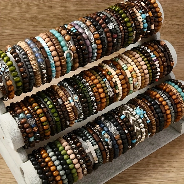 36-Pack Assorted Handmade Wooden Beaded Fashion Jewelry - Uncoated Metal, Zinc Alloy Charms, Stylish Accessories for Women and Men - Perfect Christmas Gift, Random Selection, Unique and Thoughtful Present