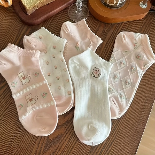 5 Pairs Women'S Pink Lace Trim Ankle Socks - Soft Breathable Fabric with Cute Animal & Floral Patterns, Machine Washable Casual Short Socks for Casual Attire, Cute Socks, Comfortable Footwear, Playful Sock Design, Durable Sock Material