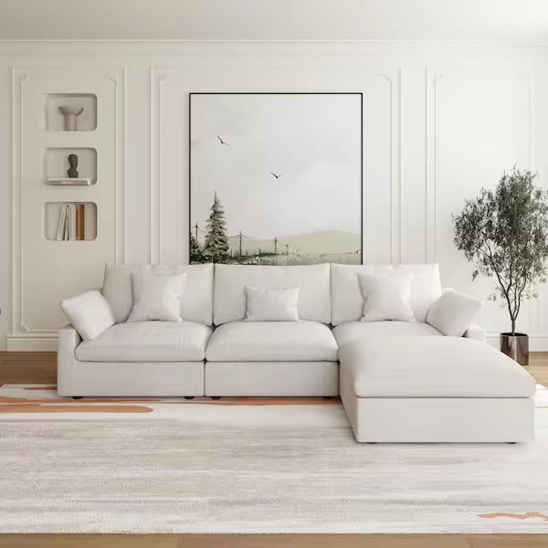 J&E Home 119.2 in. Slope Arm Linen L-shaped Oversized 4-Piece Modular Free Combination Sofa with Removerble Covers in. White JE-140WE-CS3+1