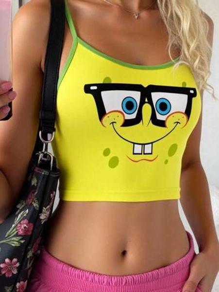 SpongeBob SquarePants | SHEIN Women Cartoon Pattern Contrast Trim Fitted Camisole Yellow Top Suitable For Going Out