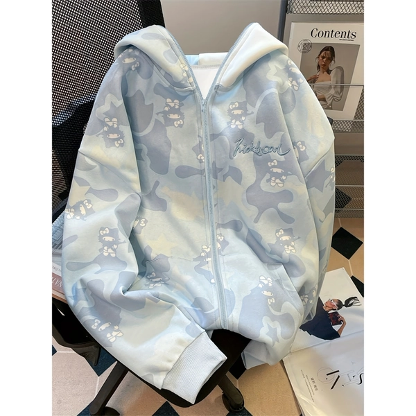 Cute Sanrio Women'S Loose Hooded Zipper Jacket | Hello! Kitty Face Pattern and Light Blue Camouflage Design - Comfortable Winter Coat, Machine Washable Anime Fashion Overcoat, Cute Layered Jacket for Autumn and Winter