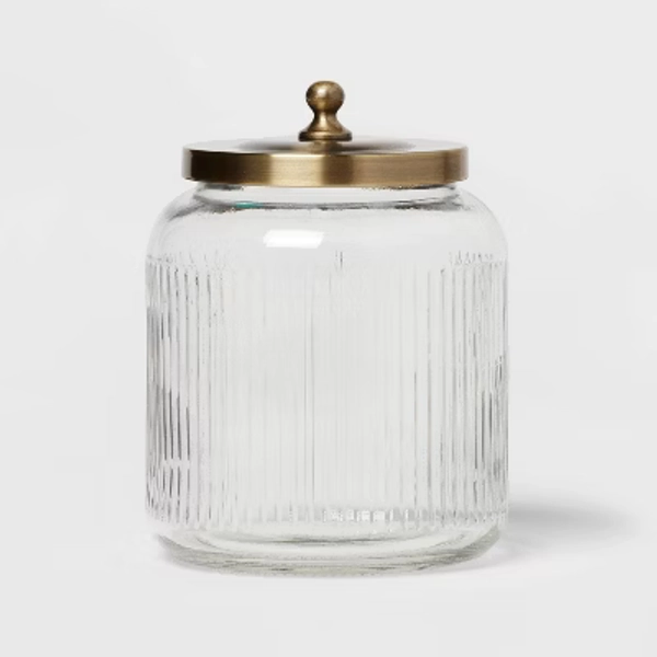Medium Glass Bath Canister Brass - Threshold™: Elegant Storage Jar with Lid for Bathroom Organization, 43.9oz Capacity