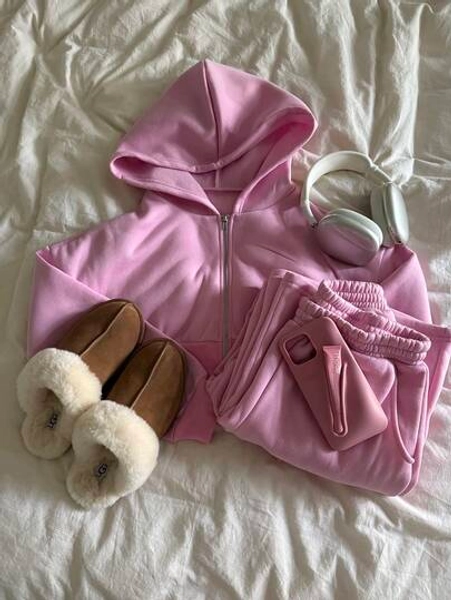 CovetEZ Women's Spring Fashionable Pink Zip Front Hooded Sweatshirt And Pants Two Pieces Set