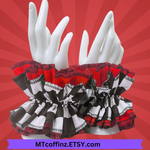 Red and Checkerboard Color Clown Ruffle Cuff Set Traditional Cotton Clowncore Bracelet Harlequin Accessories Jestercore Kidcore Childcore