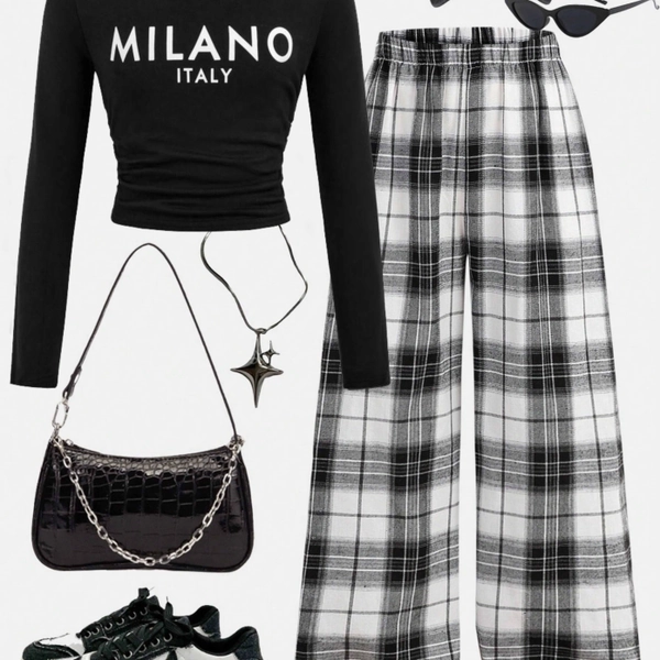 2pcs Y2K Girls Heart Gingham Print Casual Suit | Black White Collegiate Athletic Set with Crew Neck T-Shirt and Long Straight Pants, Ruffle Details, Perfect for Female Teenager, Valentine'S Day Gift, for Outdoor