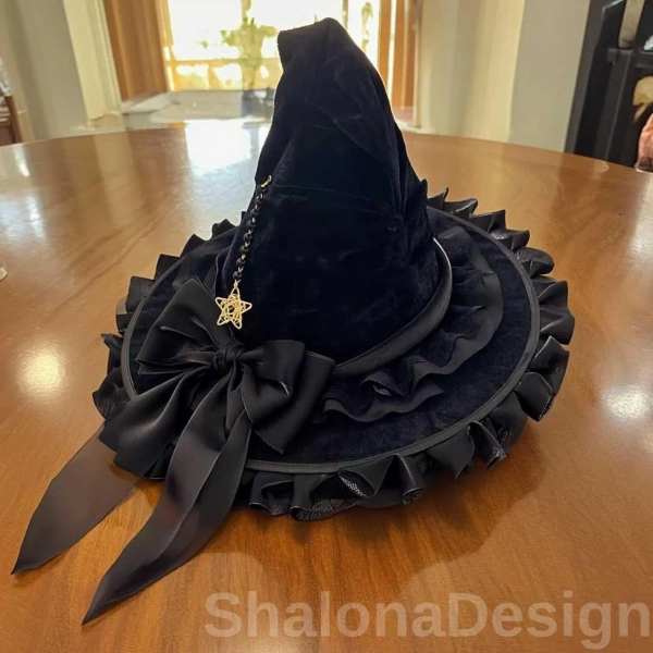 Elegant Witch Hat with Purple Bow, Ruched Gothic Wizard Hat for Women, Halloween Costume Accessory, Party or Masquerade Prop for Adults