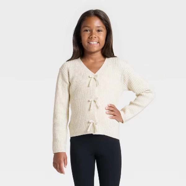 Girls' Ribbed Bow Cardigan - Cat & Jack™ Cream M