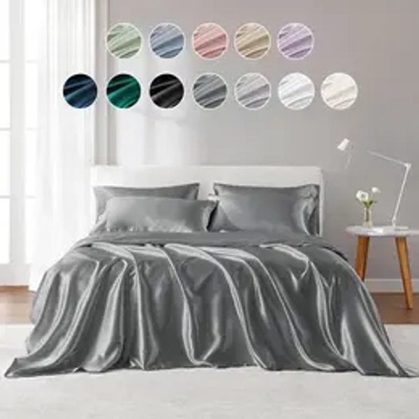 6 Piece Solid Color Satin Sheets Set (1*Flat Sheet   1* Fitted Sheet   4*Pillowcases), Luxurious And Silky With Natural Sheen