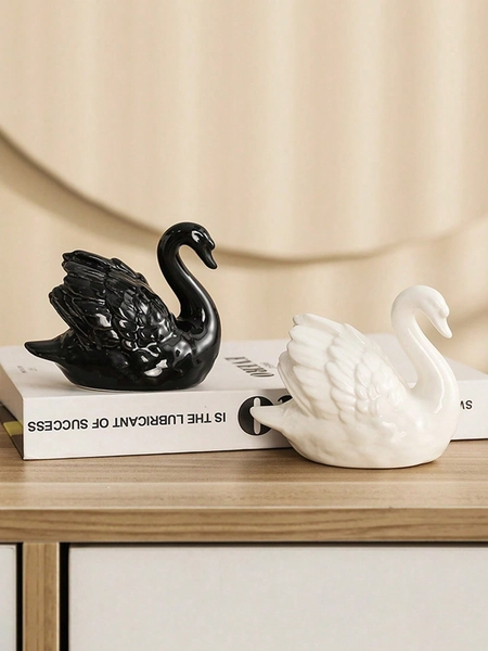 1pc Black & White Ceramic Swan Figurine, Creative Decor For Living Room, Study, Animal Succulent Planter