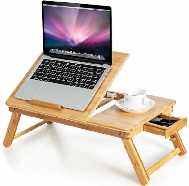 Bamboo Laptop Desk with Adjustable Folding Bed Tray and Drawer