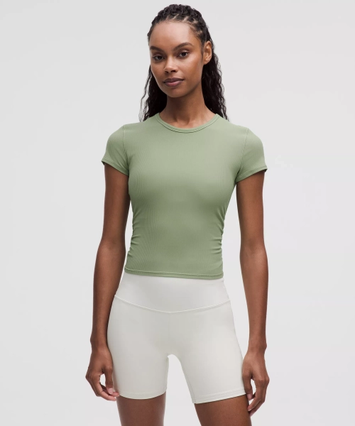 All It Takes Back-Twist Ribbed Short-Sleeve Shirt - Desert Green - 0