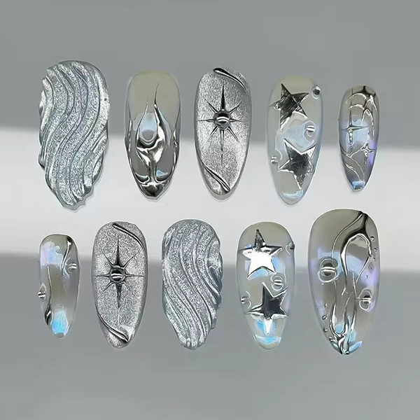 24Pcs Mid-length Almond Press on Fake Nails Silver Star Irregular Design False Nails Cat's Eye Detachable Full Cover Nails Tips - AliExpress 