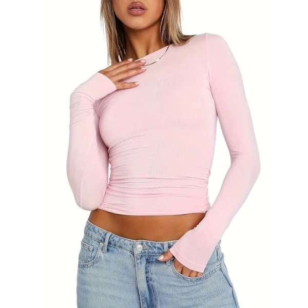 Women Casual Long Sleeve Crop Tops, Slim Fit Basic Tee Going Out Solid Color Crew Neck Pullover Tight Shirts Streetwear Fashion Pink